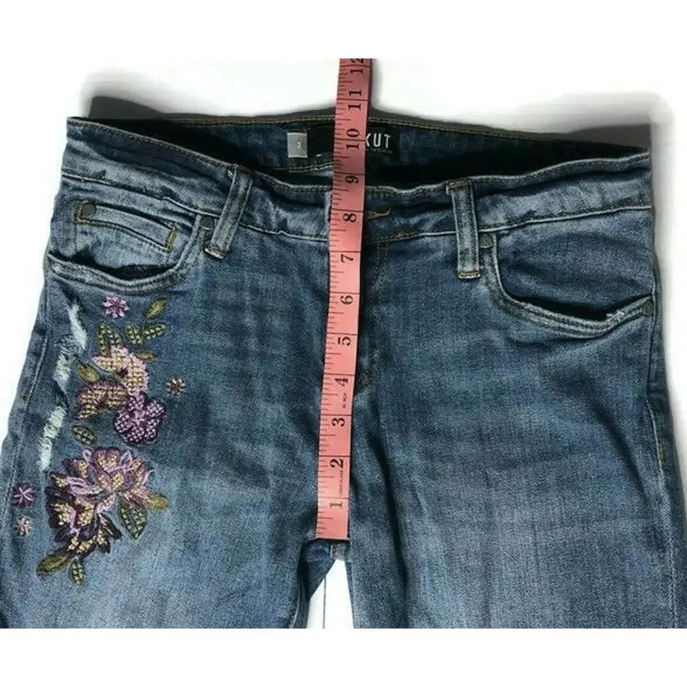 Kut from the Kloth Catherine Boyfriend Jeans Floral Embroidered Distressed Sz 2 - Picture 7 of 9
